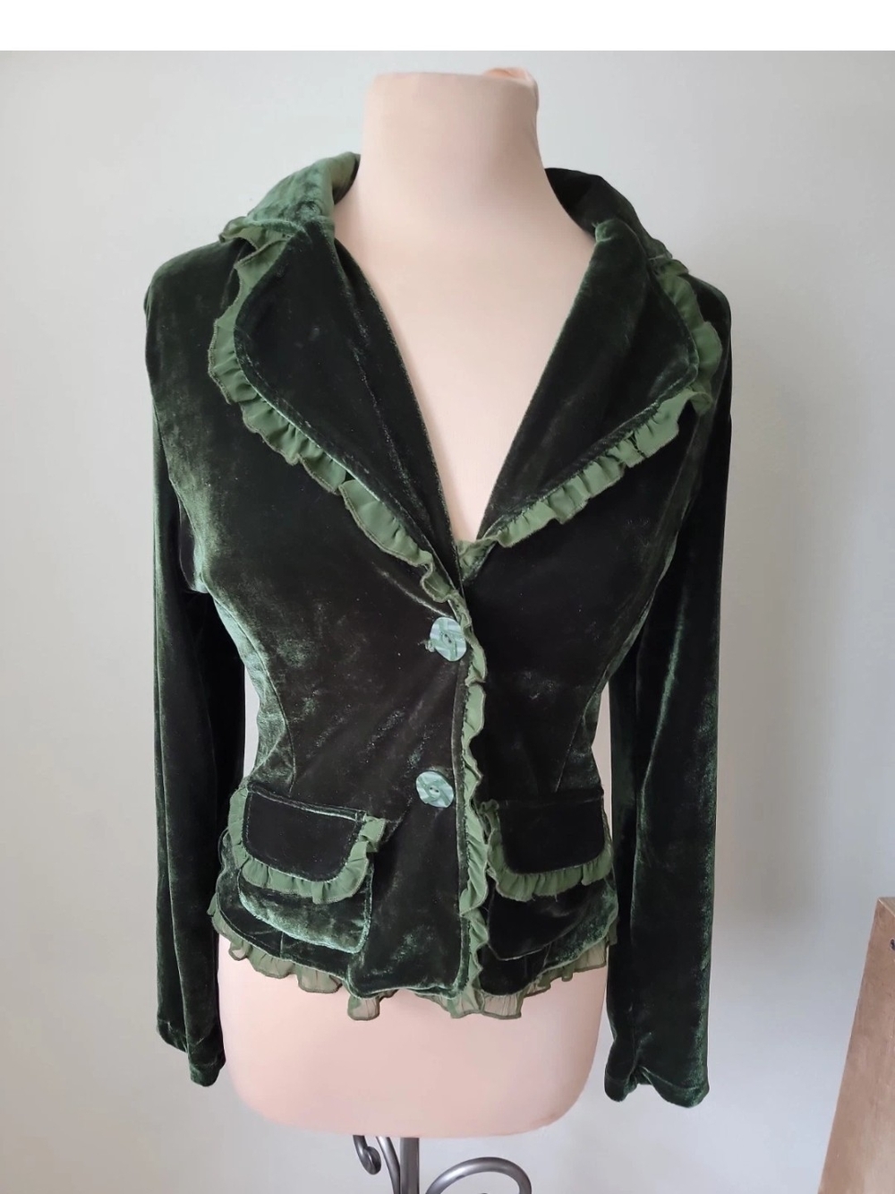 Y2k Green Velvet Ruffle Trim Blazer Jacket